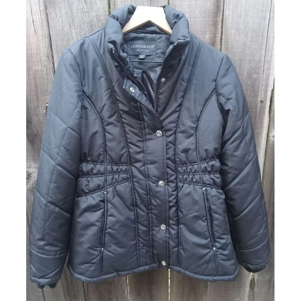 Black Gathered Waist Centrigrade Winter Jacket Xs‎